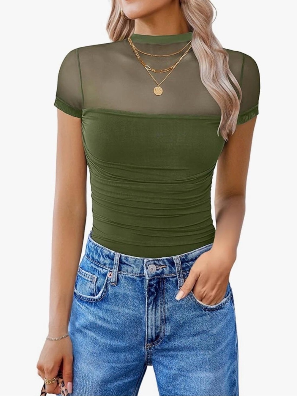 Ladies Sheer Yoke Olive Short Sleeve Bodysuit M casual sleek dressy office 1217